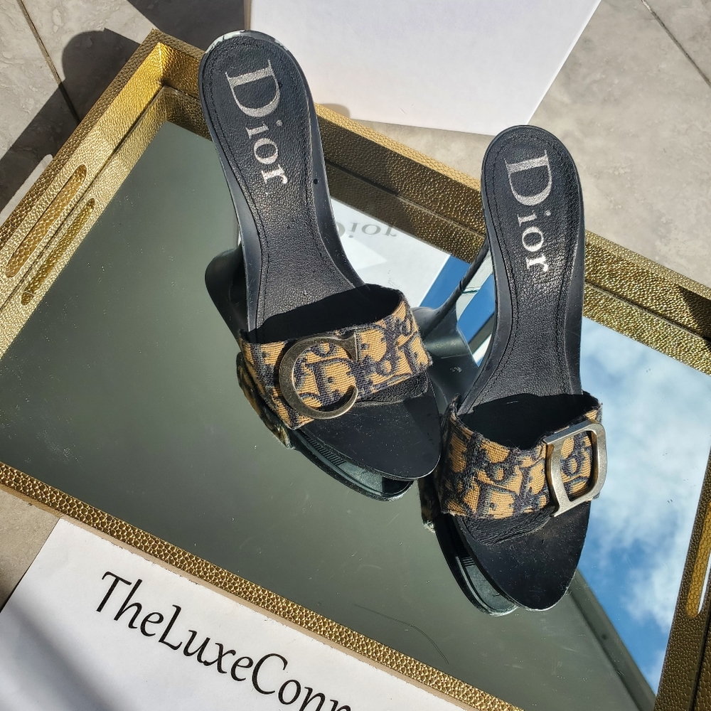 Christian Dior trotter mules with large silved toned CD details.